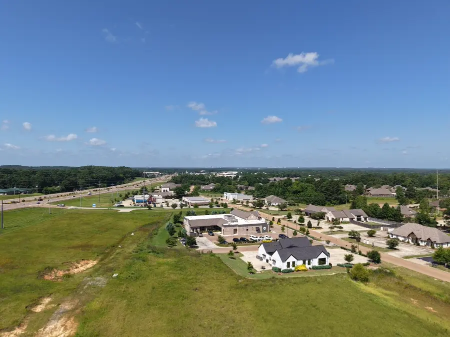 Aerial view of homes along a landscaped subdivision street