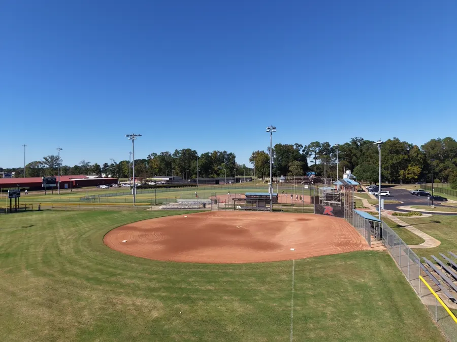 Aerial view of a softball diamond and community sports complex